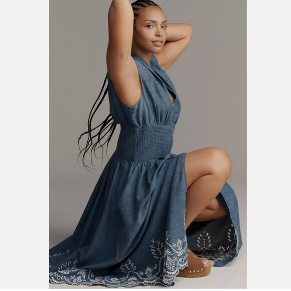 Anthropologie The Tommie Denim Chambray Zip Front Eyelet Trim Dress 2X NWT Blue - Picture 2 of 8